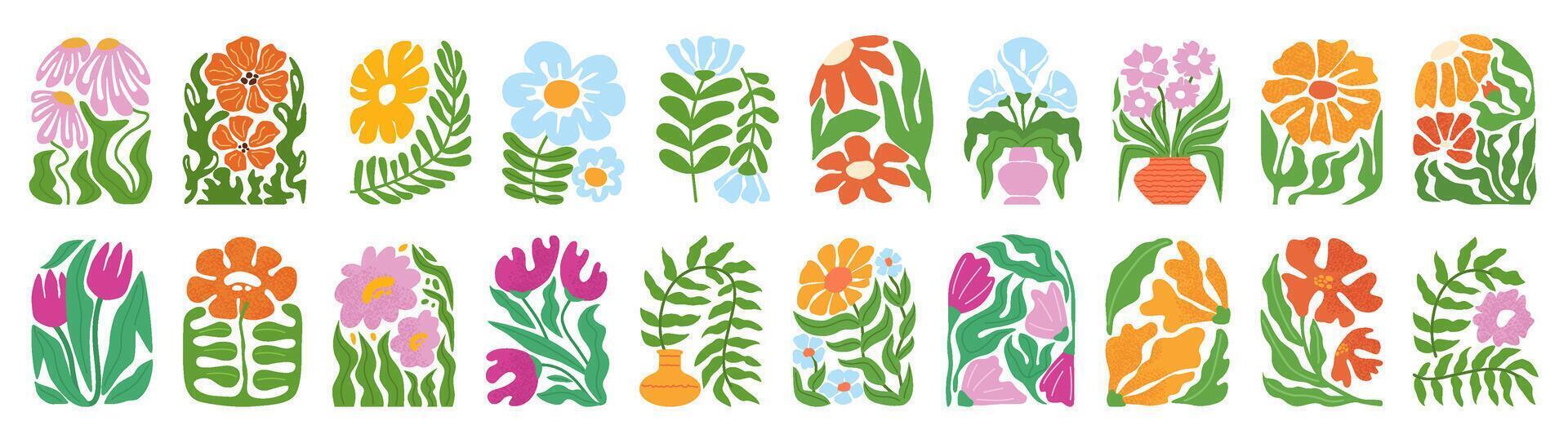 Abstract floral arch. Hand drawn botanical flowers, groovy plants with blooming flower, wavy leaves and decorative vases. Playful retro springtime doodle illustration set vector