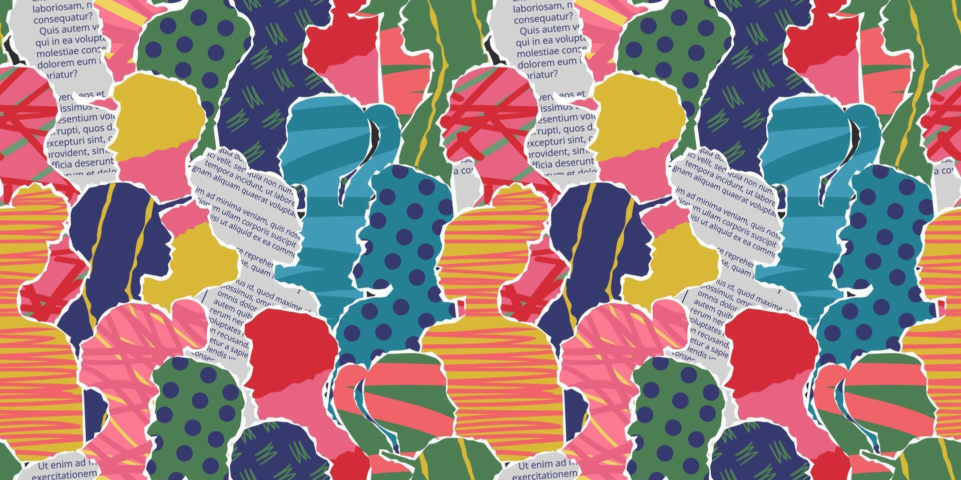 Crowd abstract art. Paper people silhouettes collage with newspaper text cutouts, polka dots and scribbles patterns. Social scrapbooking seamless pattern background illustration vector