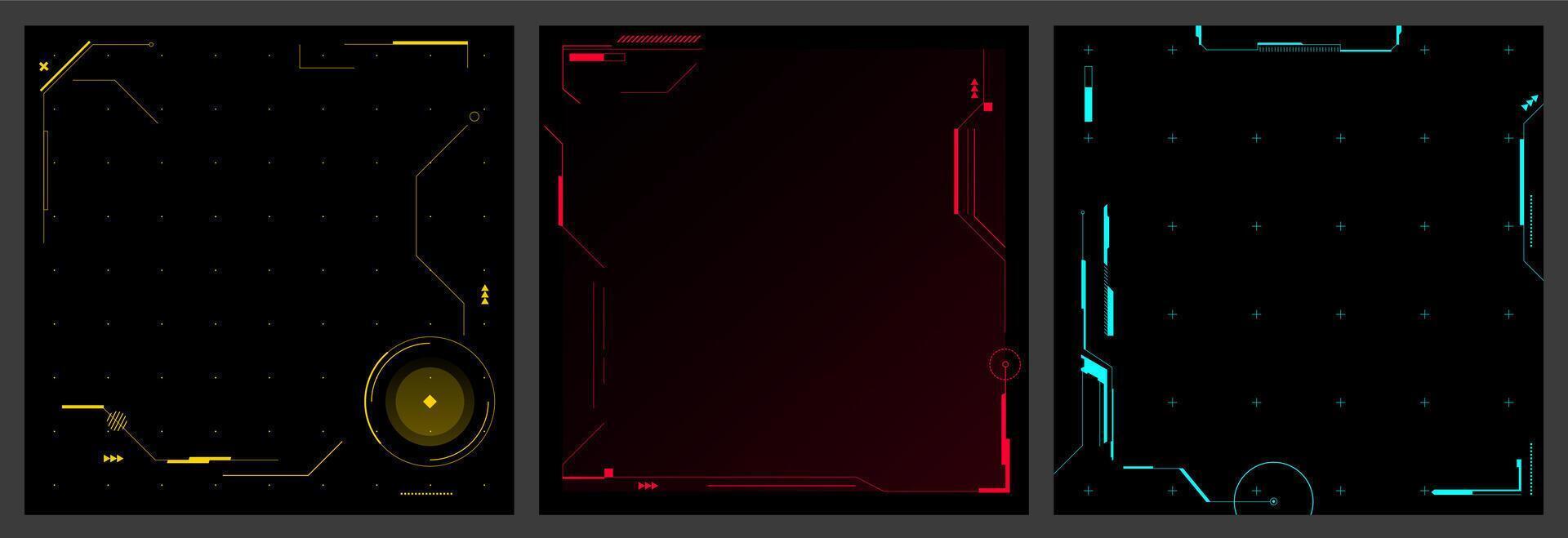 Futuristic tech backgrounds. Abstract cyber backdrop, sci fi digital interface square, high technology UI with geometric frames for game menu design. set vector