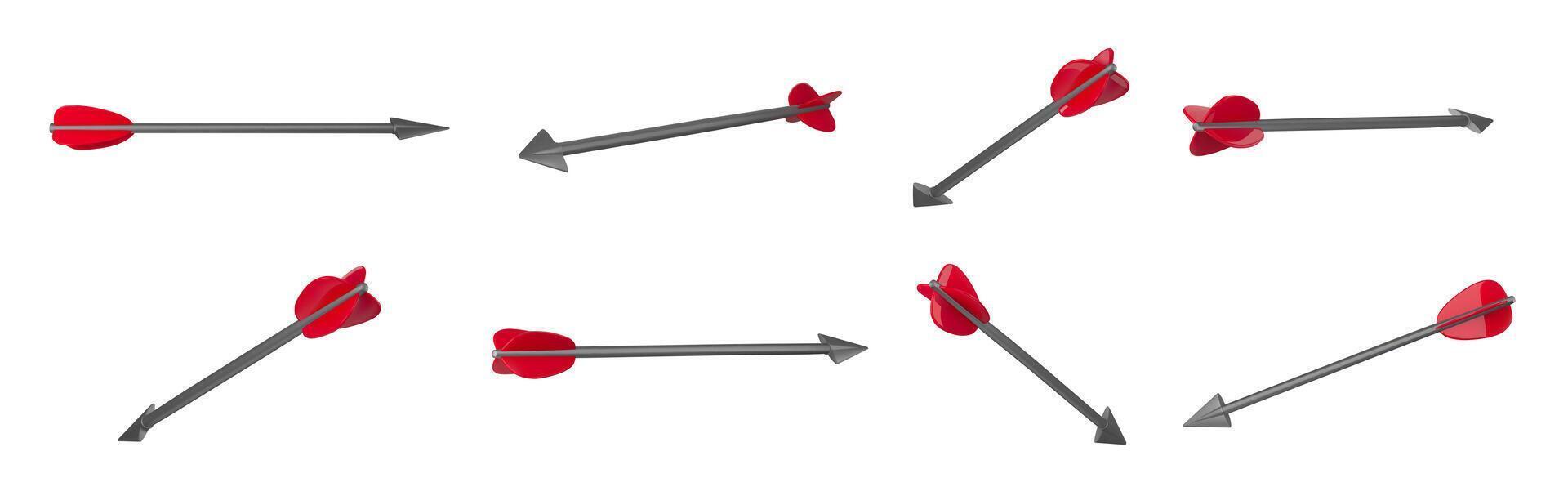 Bow arrows. Sharp point archery arrow with red fletching, arrowhead weapon pointer various 3D angles realistic isolated illustration collection vector