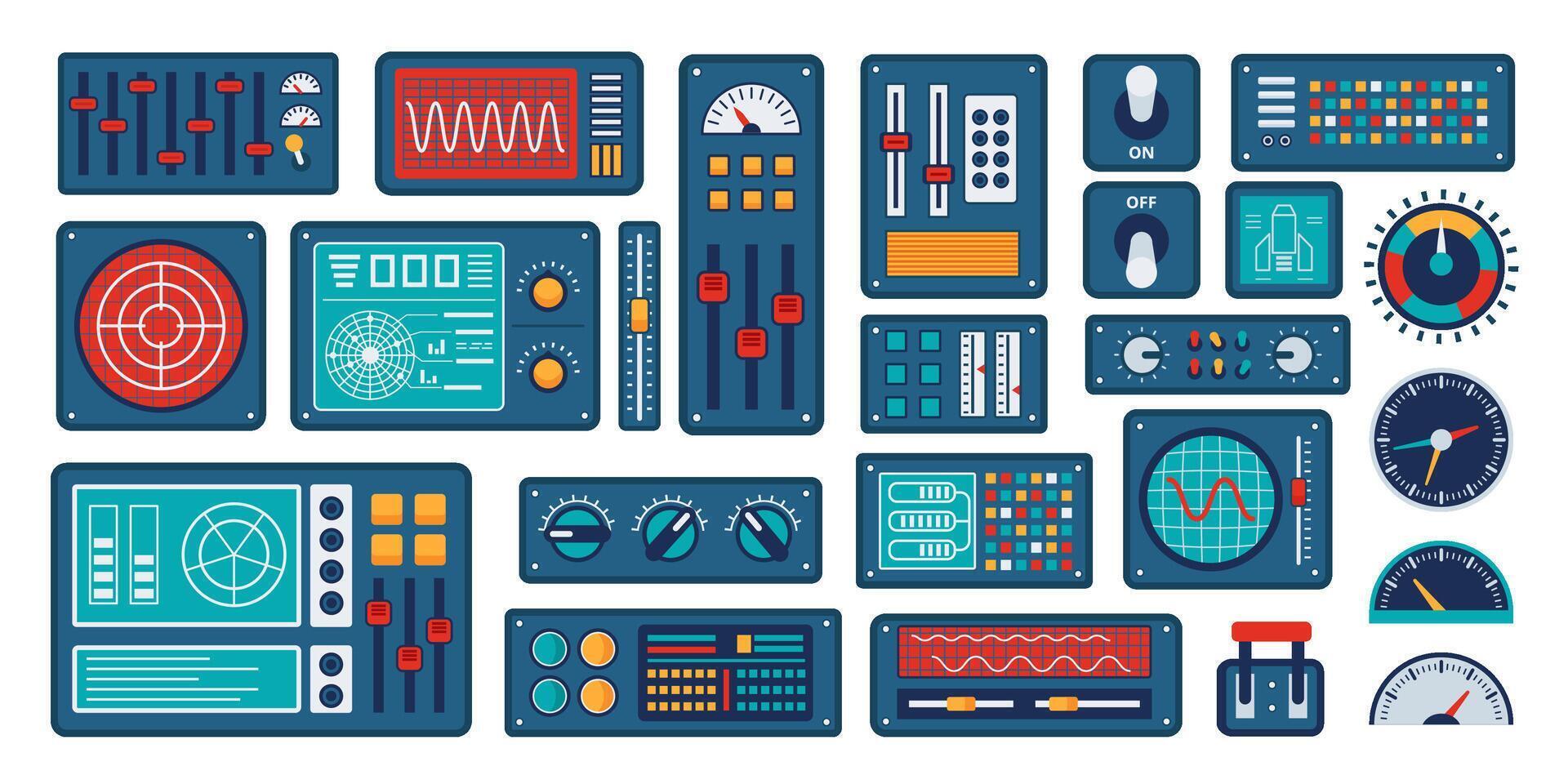 Spaceship control panel. Dashboard interface gauges, digital meters, retro futuristic sliders, console knobs and switches. Complex technology space station system UI set vector