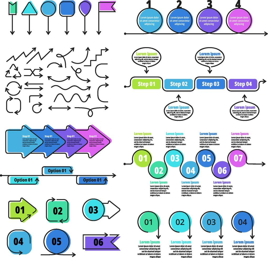 Arrow infographic elements. Step by step guide, timeline and process diagram templates and graphics with arrows, numbered options and pointers set vector