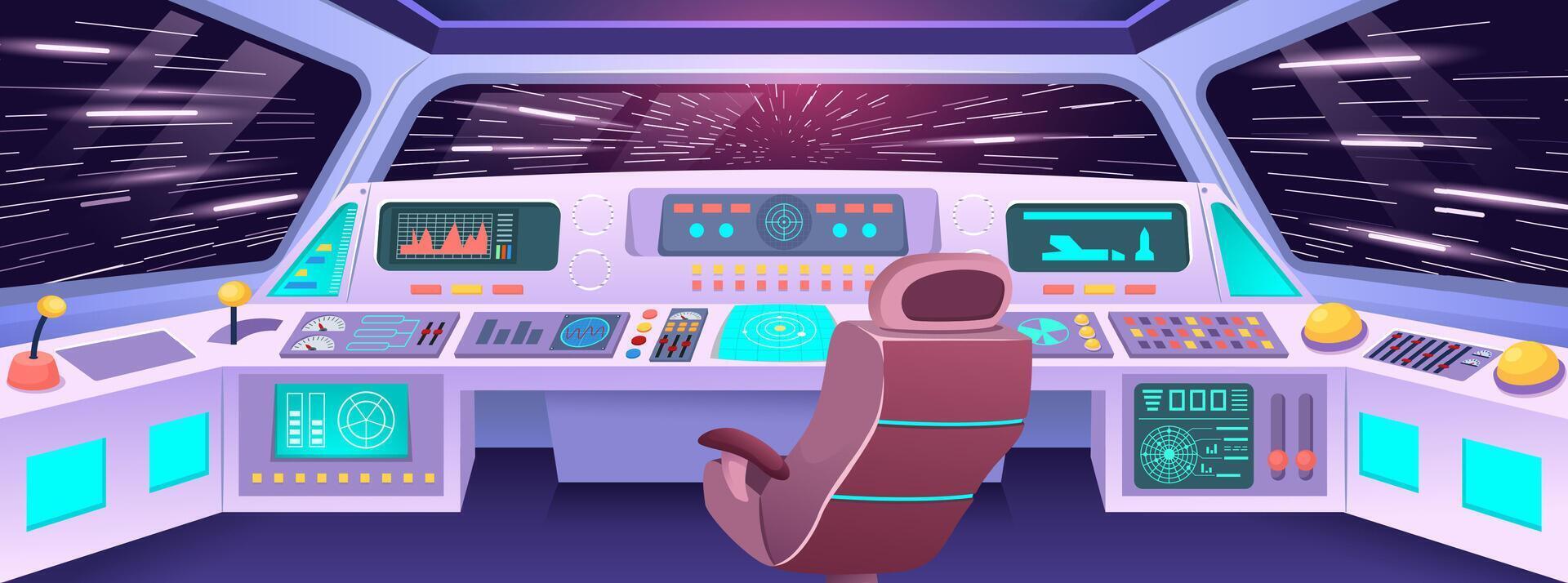 Futuristic spaceship cockpit. Hyper jump view from space station cabin with high tech control panel, pilot seat and cosmic backdrop. Cartoon interstellar travel illustration vector