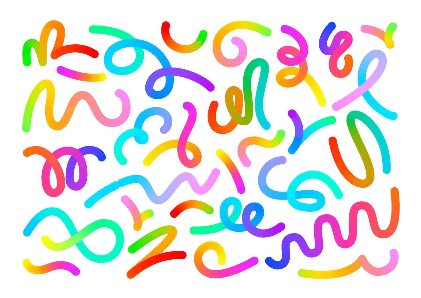 Gradient line. Colorful swirling curves, vibrant abstract wavy shapes and dynamic curved forms with fluid color blend transition. Artistic flow lines isolated elements set vector