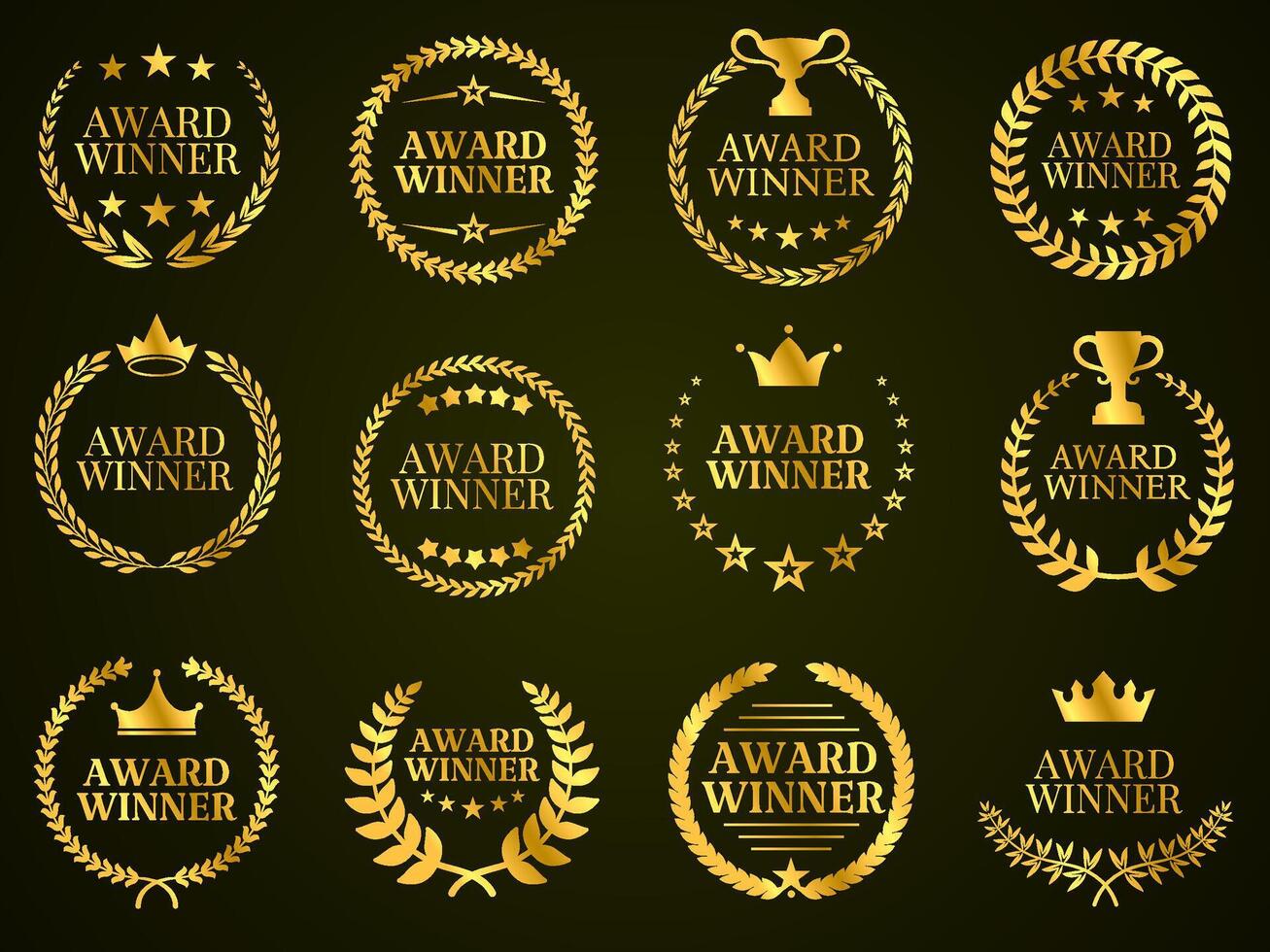 Golden award winner emblems. Gold award badges with laurel wreaths, five stars, crowns and trophies symbols. Elegant circular achievement tag set vector