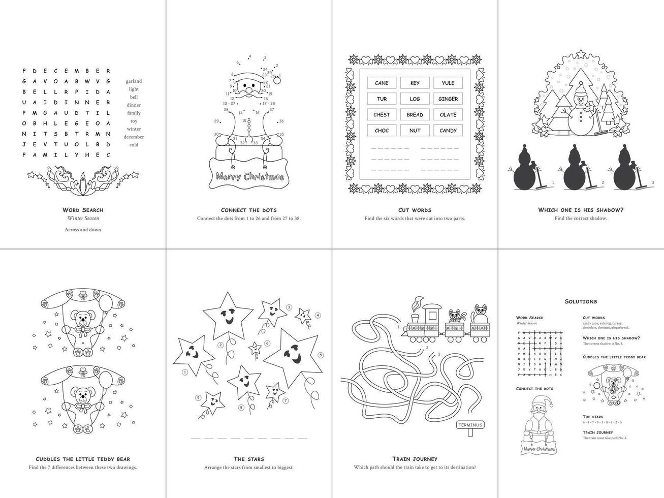 Games. Christmas Theme. Game and coloring page for kids. English language. Set Three. vector
