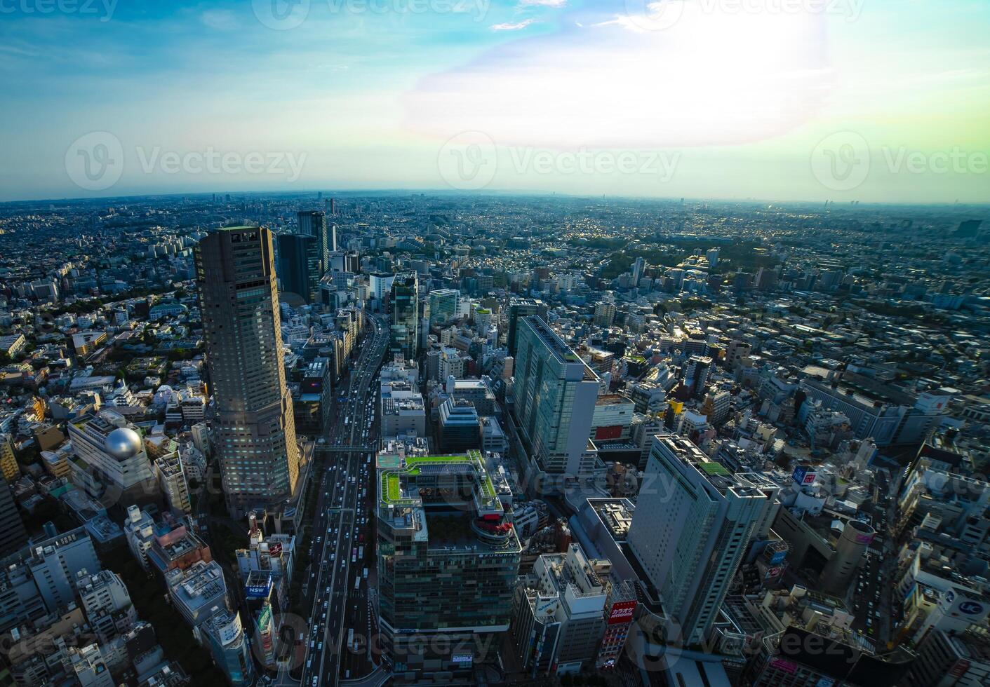 A panoramic highway at the urban city in Tokyo wide shot photo