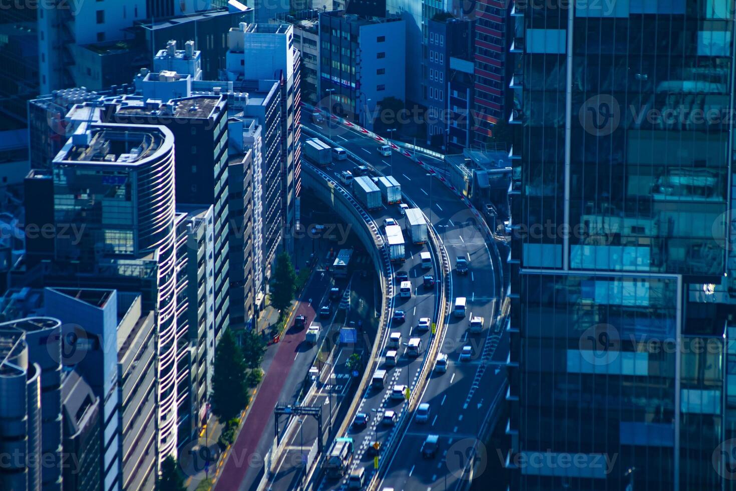 A highway at the urban city in Tokyo long shot high angle photo