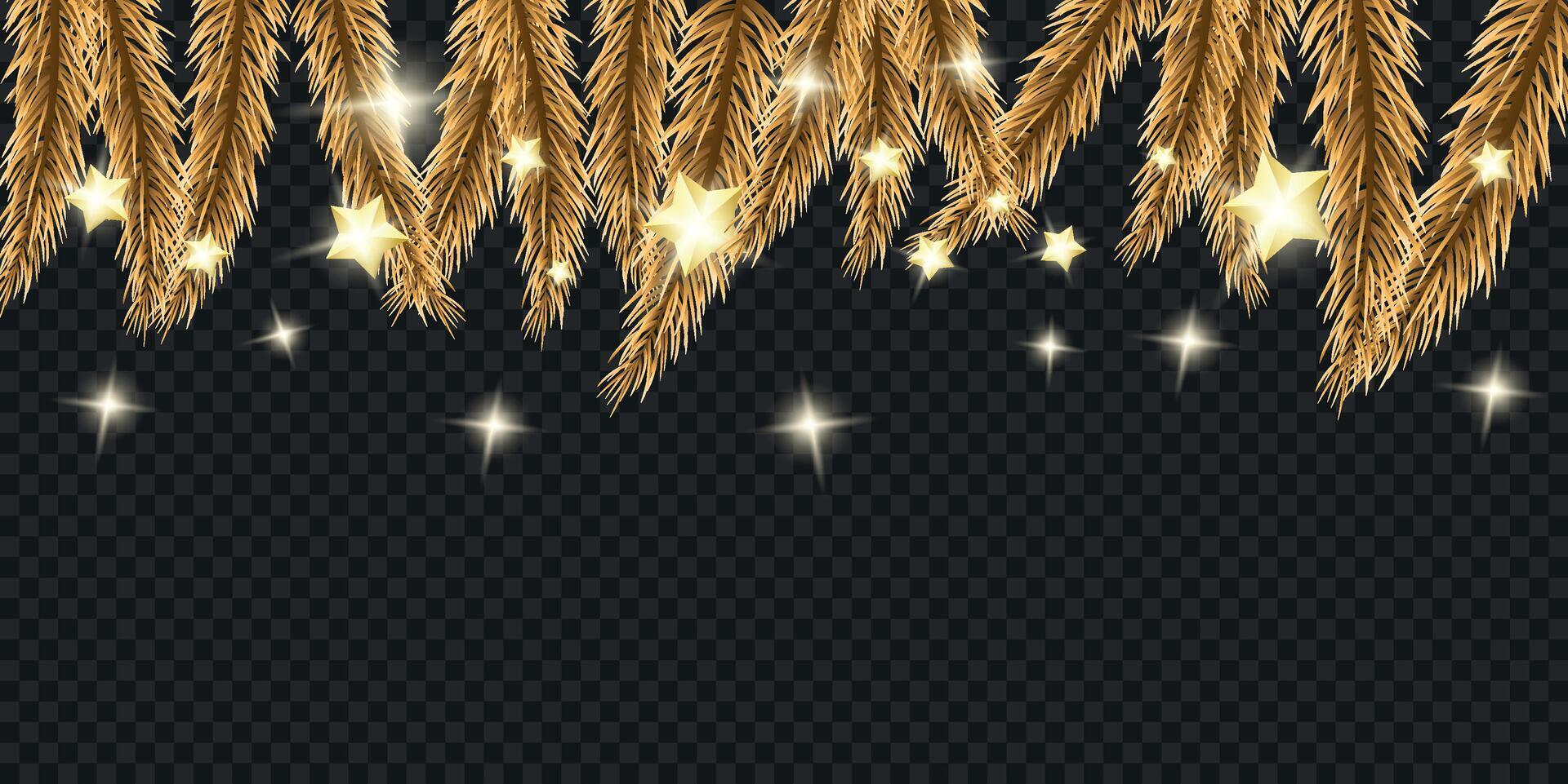Template for design. Realistic effect. Glow. Christmas branch with Christmas tree decorations and garlands on a transparent background. Sparkling. 3d. Pine ornament. Shine. Cut out. Postcards. Banner vector