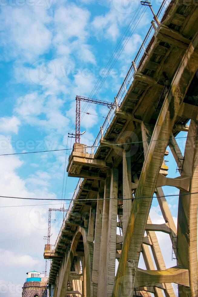Structural elements of the old, built in the USSR, railway bridge across the Dnieper River. photo