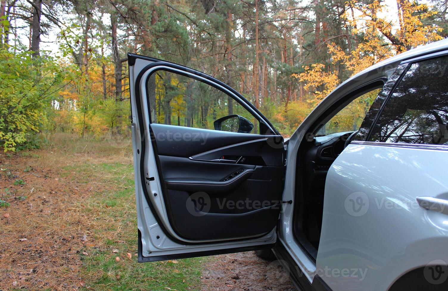 Opened Door Of A Car Parked On A Forest Clearing. Outdoor Car Travel Stock Image. SUV Stay In The Autumn Forest photo
