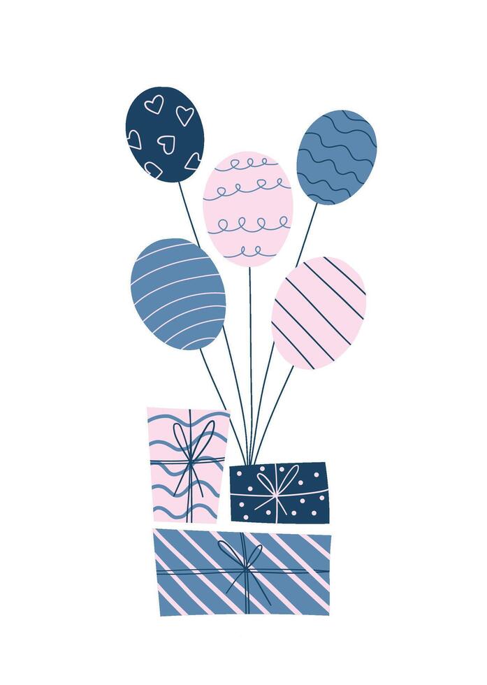 Festive balloons and gifts in simple flat style. Suitable for cards, New Year and Christmas greetings, Birthday vector