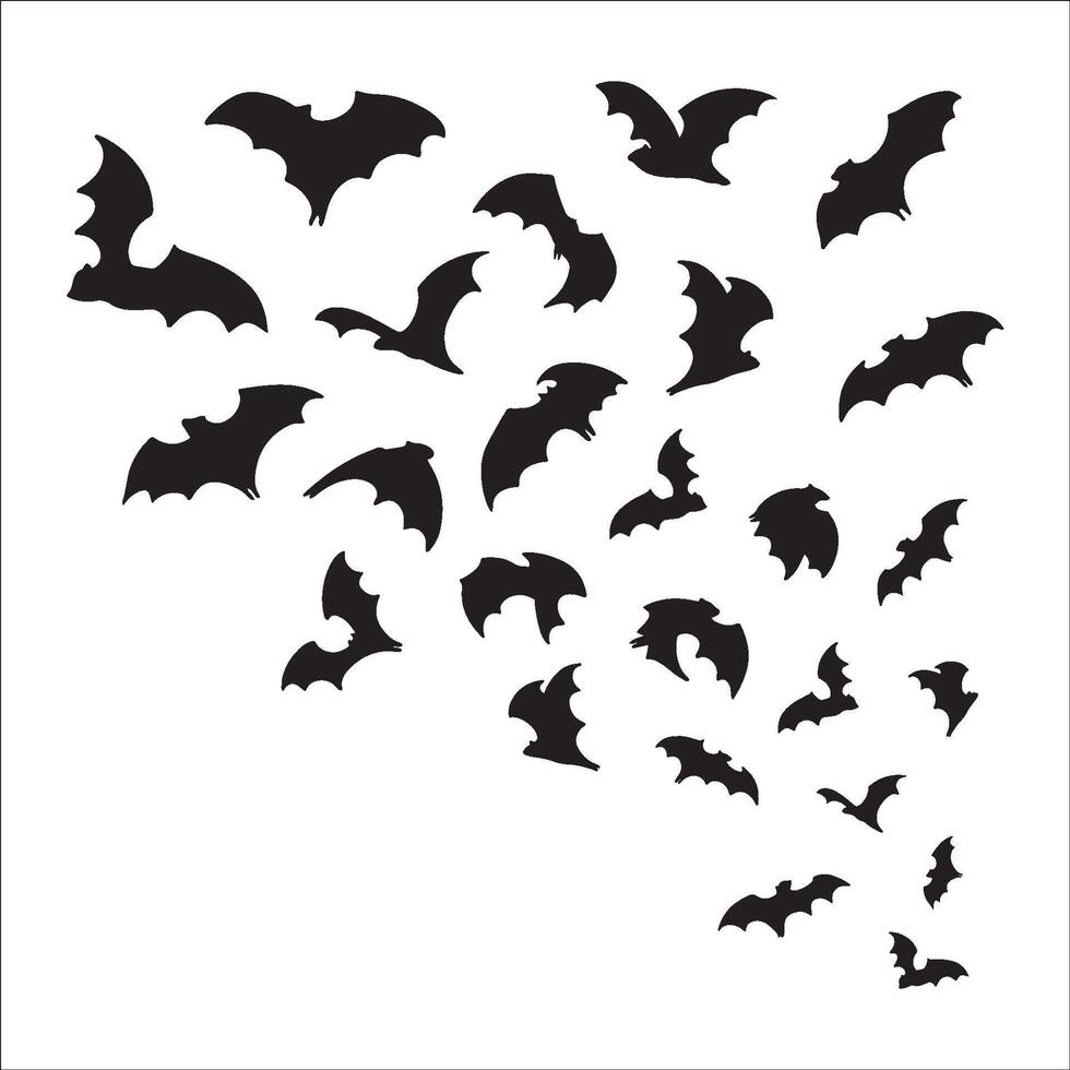 Halloween bat isolated on white background. Bats flying upward from afar, a growing flock of bats. Simple black contour bats for horror night holiday. For label, card, banner, ad vector