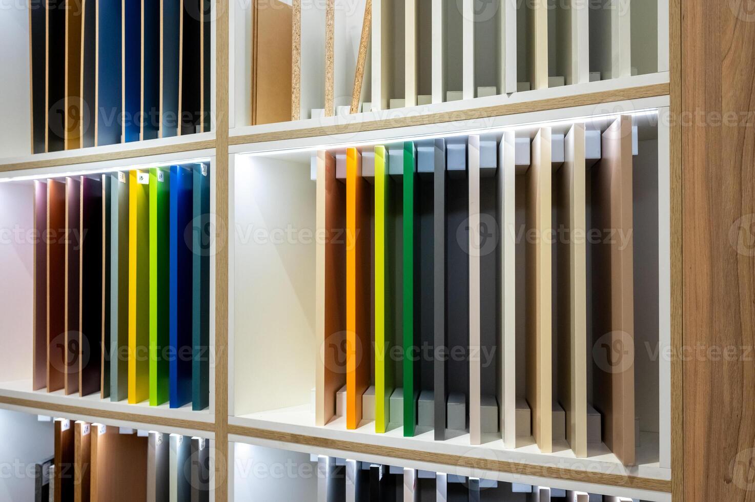 Colorful Paper Samples on Display Shelves in Office photo