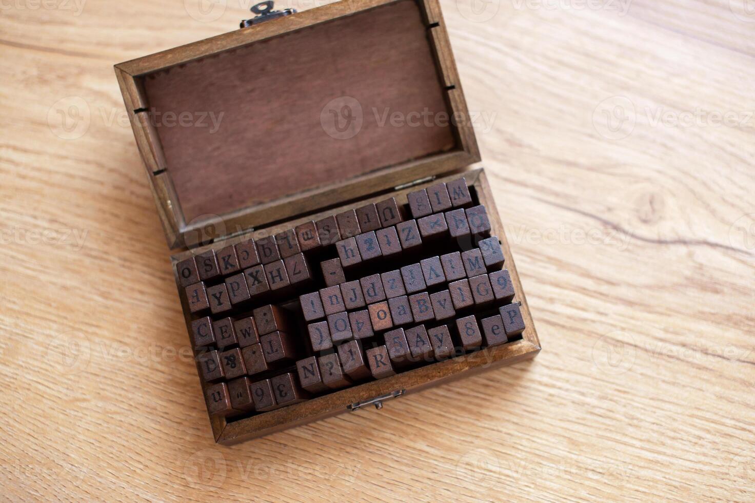 Vintage Wooden Letterpress Blocks in Rustic Box on Table photo