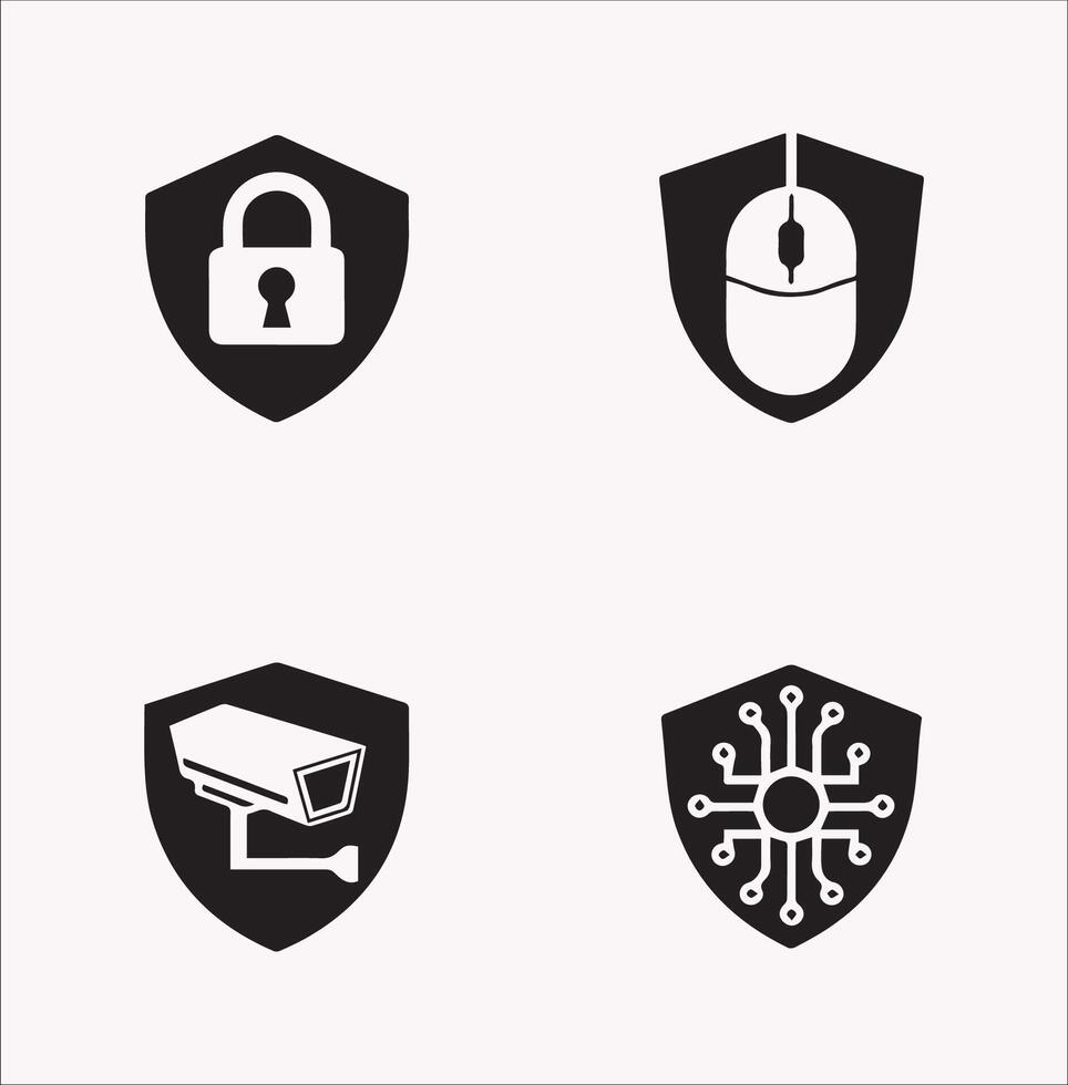 Cyber Security and Computer Security Icons Silhouette on White Background vector