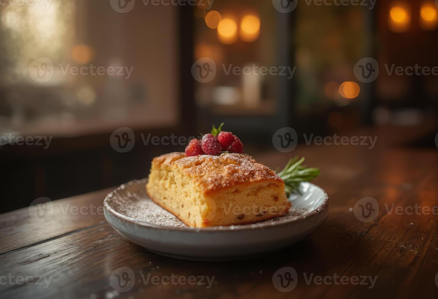 A piece of cake on a plate with berries photo