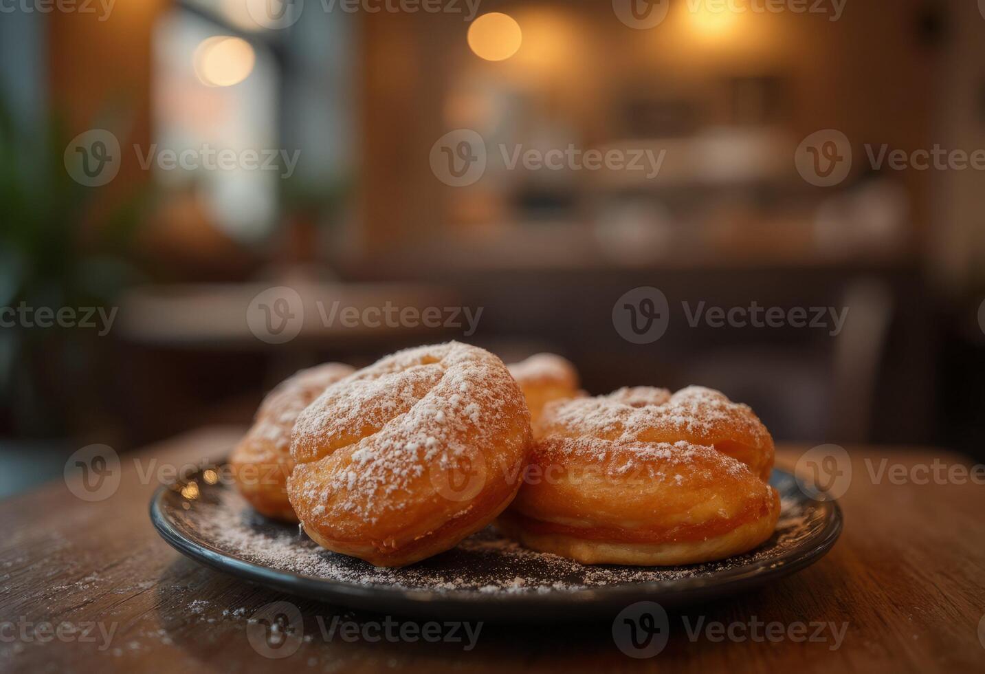 A plate of powdered sugar donuts on a wooden table photo
