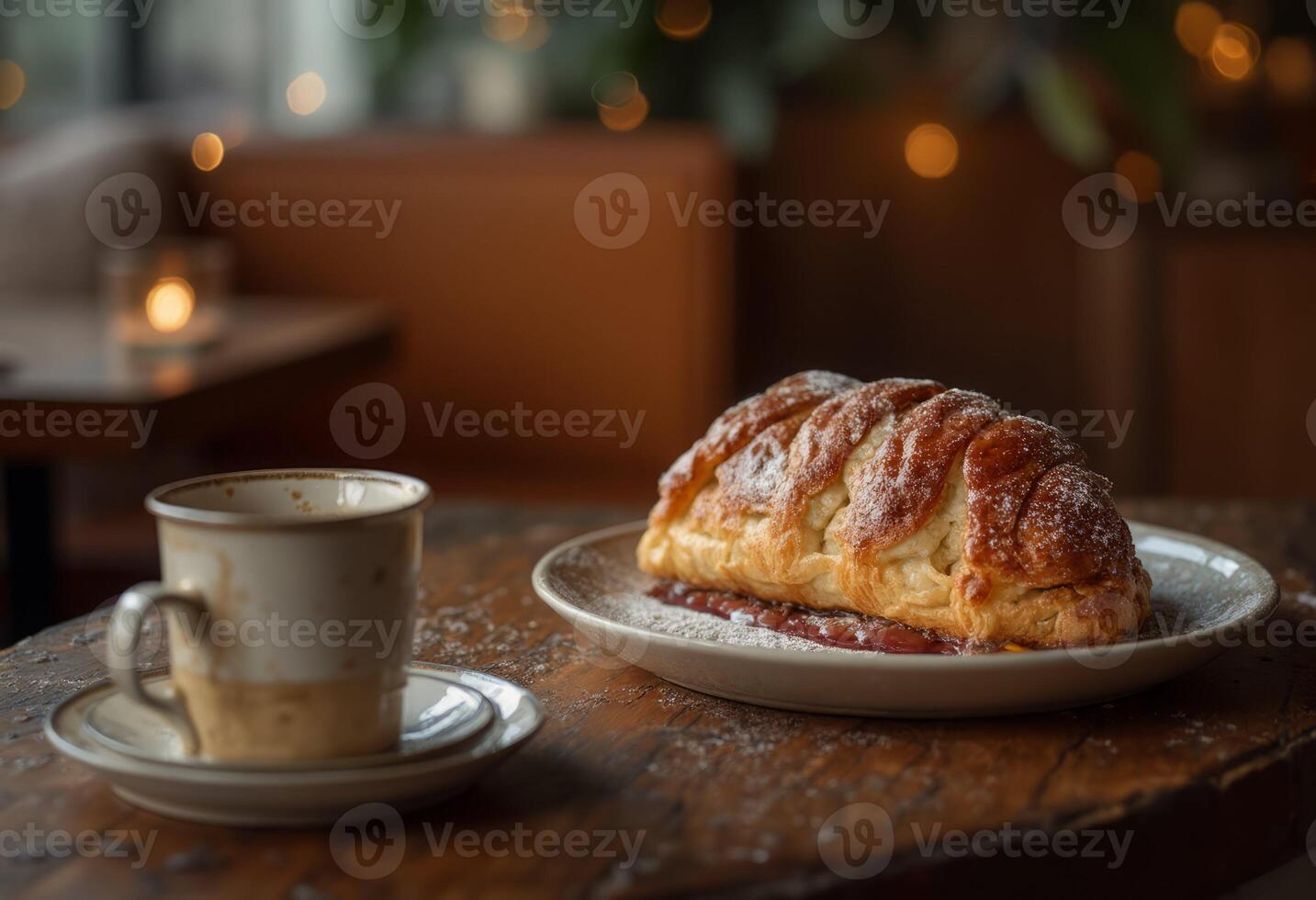 A croissant and coffee on a wooden table photo