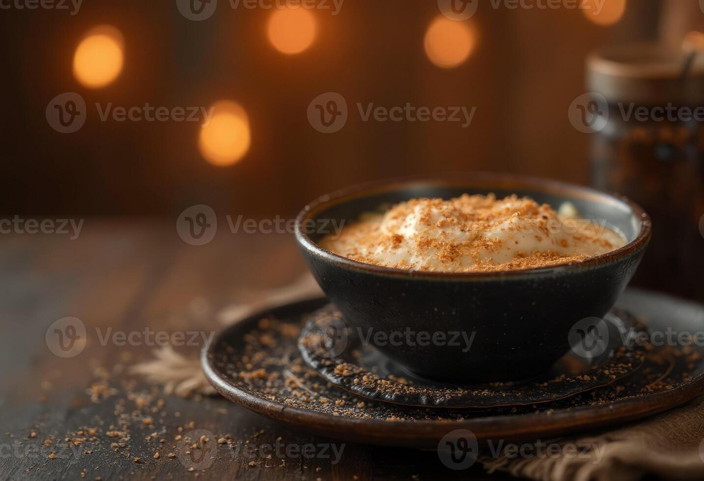 Cinnamon latte with whipped cream and cinnamon on a wooden table photo