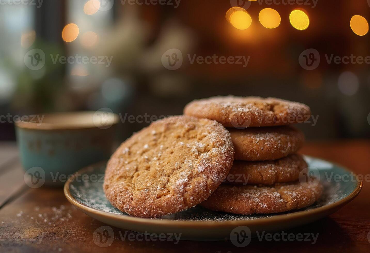 A stack of cookies on a plate with a cup of coffee photo
