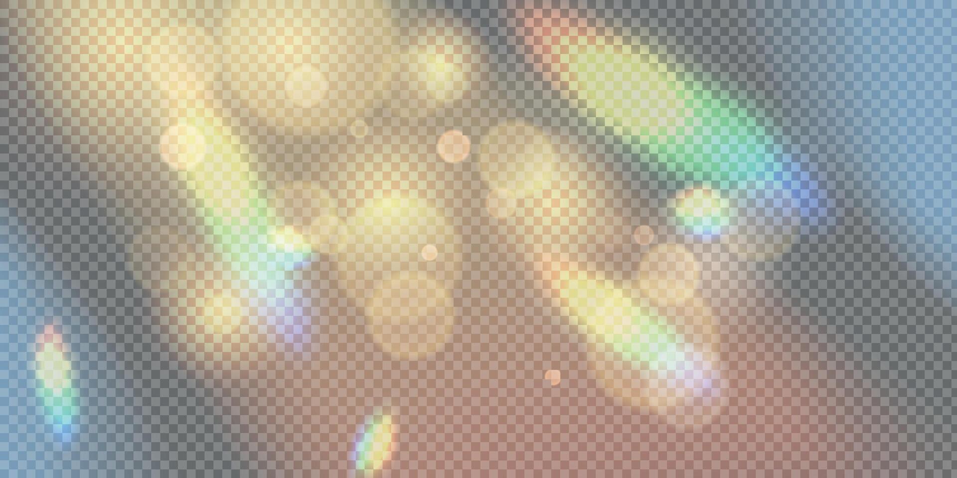 Reflected rainbow stripes with bokeh effect. Refraction of light. Blurred glare. Abstract background with glare and rainbow reflected light prism effect. vector