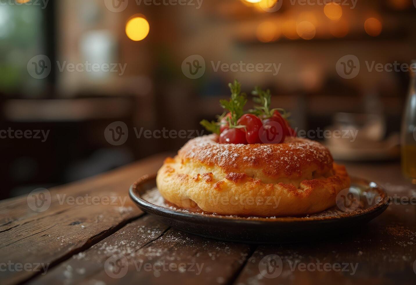 A pastry on a plate on a wooden table photo