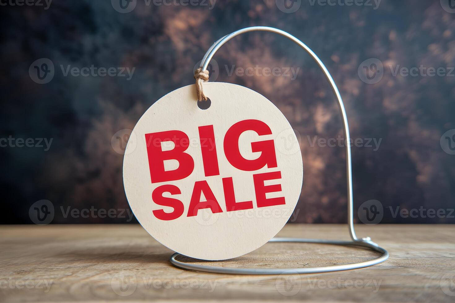 Circular tag reading BIG SALE hangs on wire against dark backdrop photo