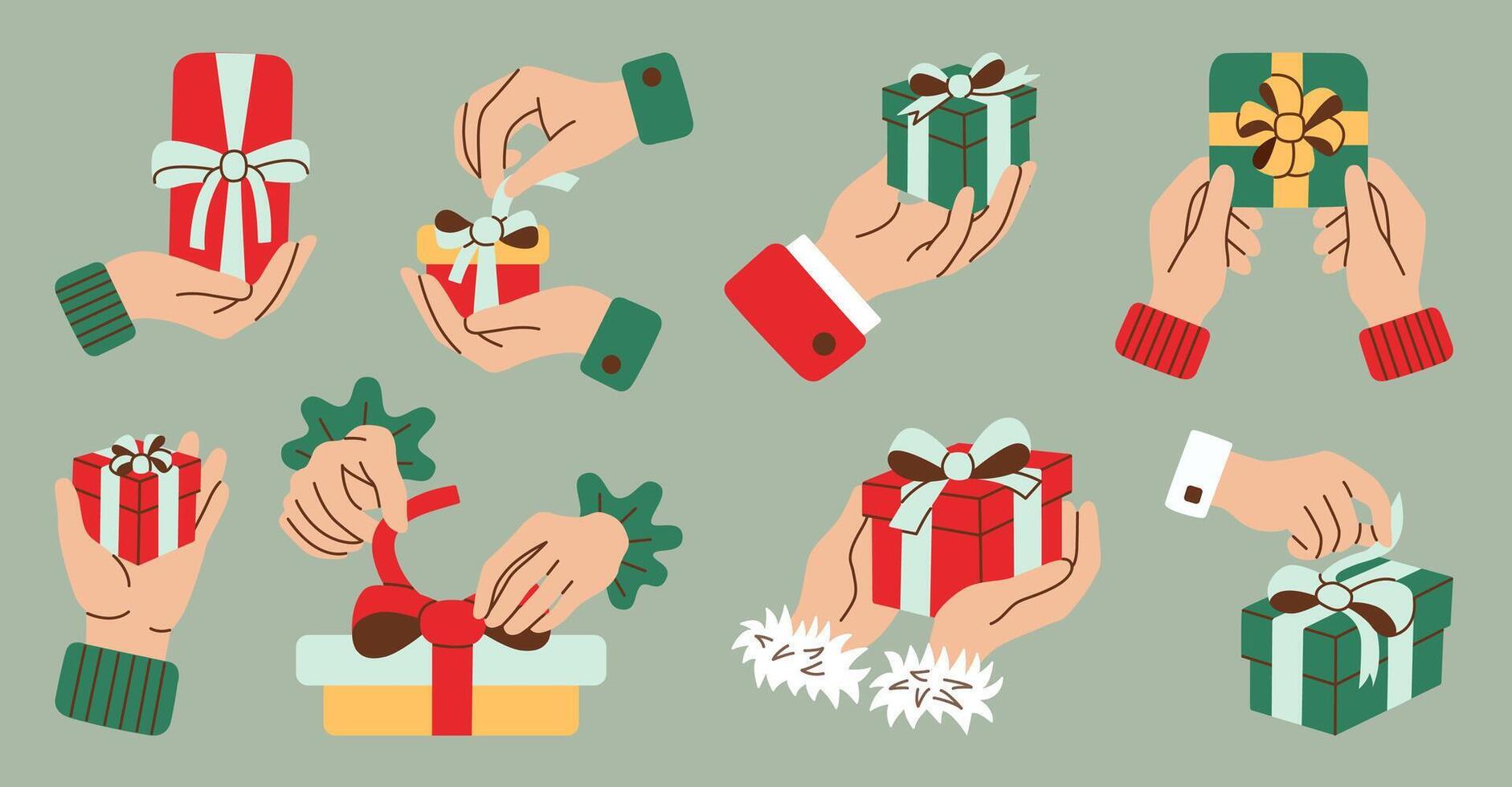 Collection of illustrations in flat style showing hands holding, unwrapping, and presenting festive gifts. Perfect for holiday themes, Christmas designs, and seasonal creative projects. vector