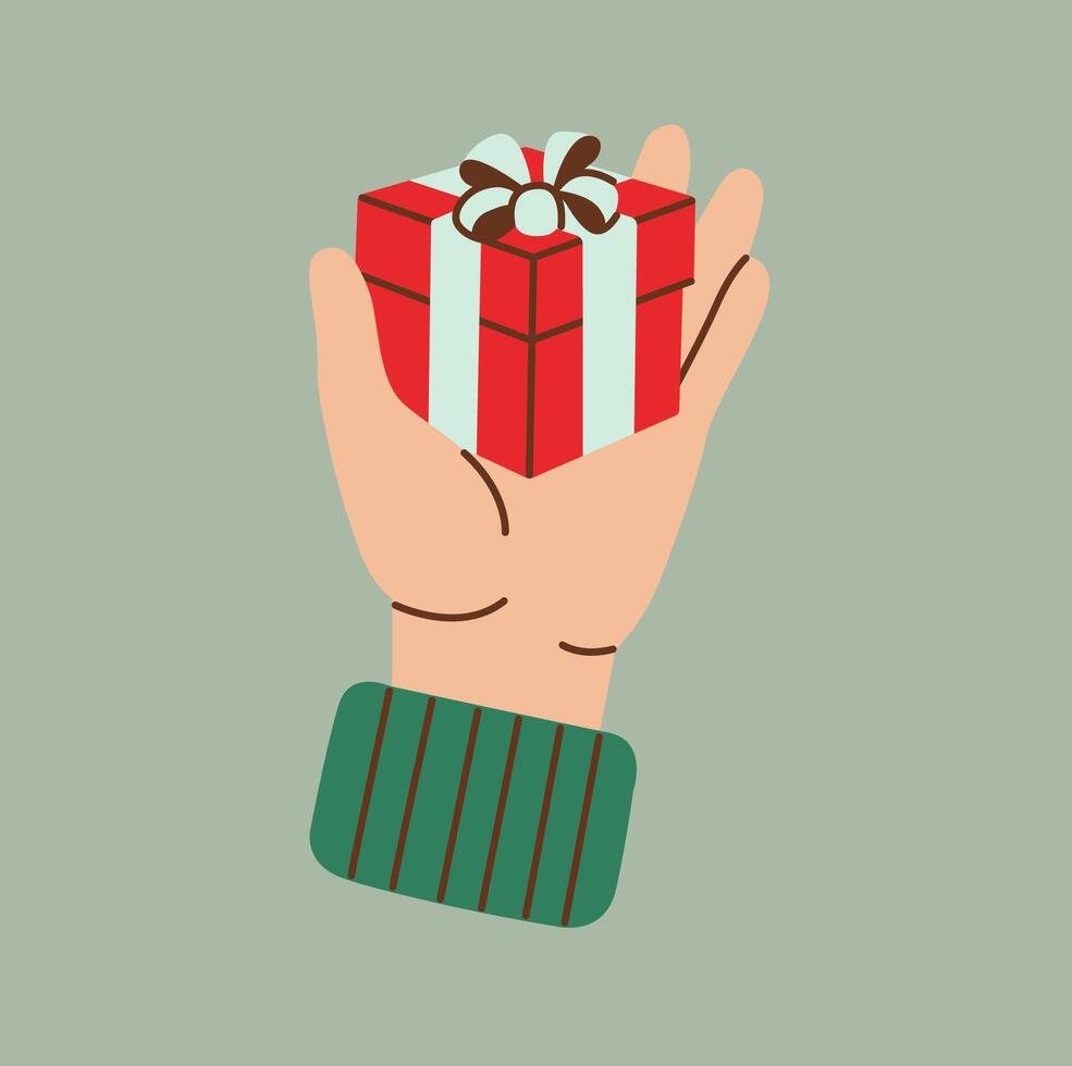 Flat style illustration of a hand holding a small red gift box with a ribbon and bow on a pastel green background. Perfect for holiday-themed projects, greetings, and festive designs. vector