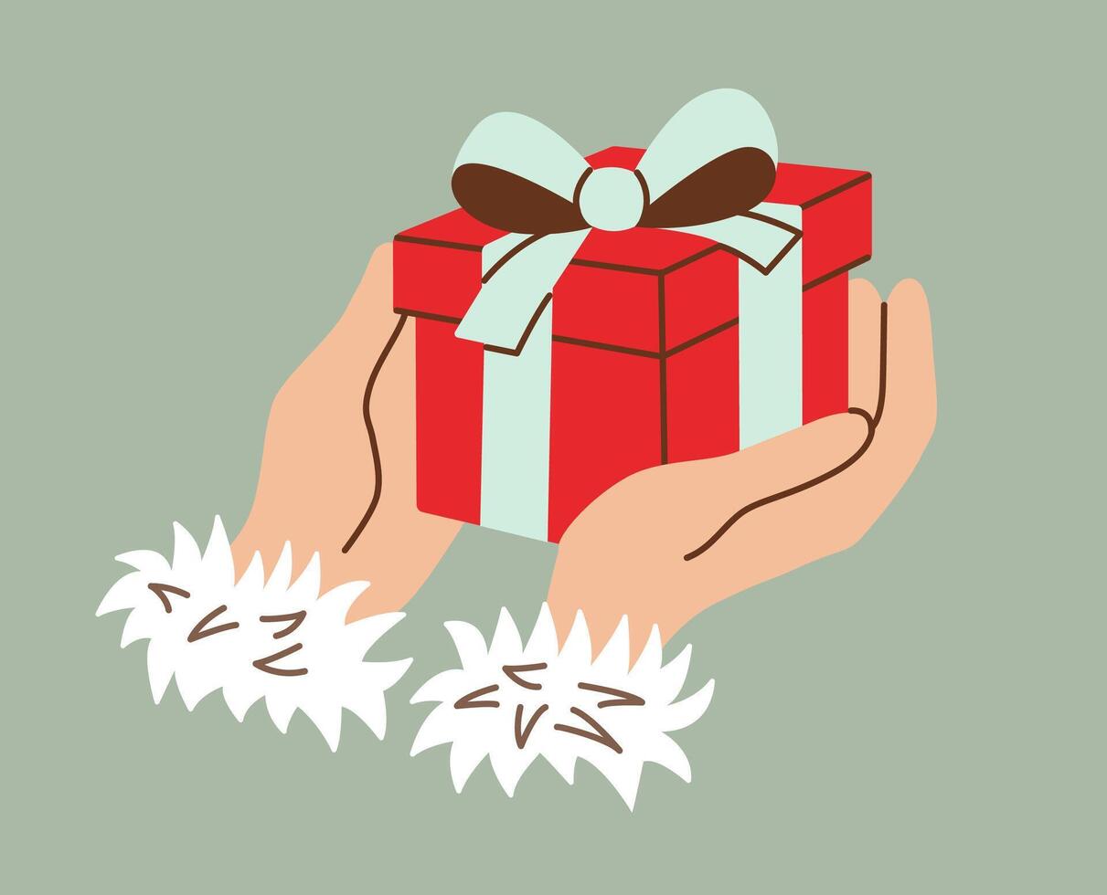 Hands holding a red gift box tied with a blue ribbon, featuring fur cuffs for a festive winter feel. Minimalist flat style illustration perfect for holiday-themed designs and celebrations. vector