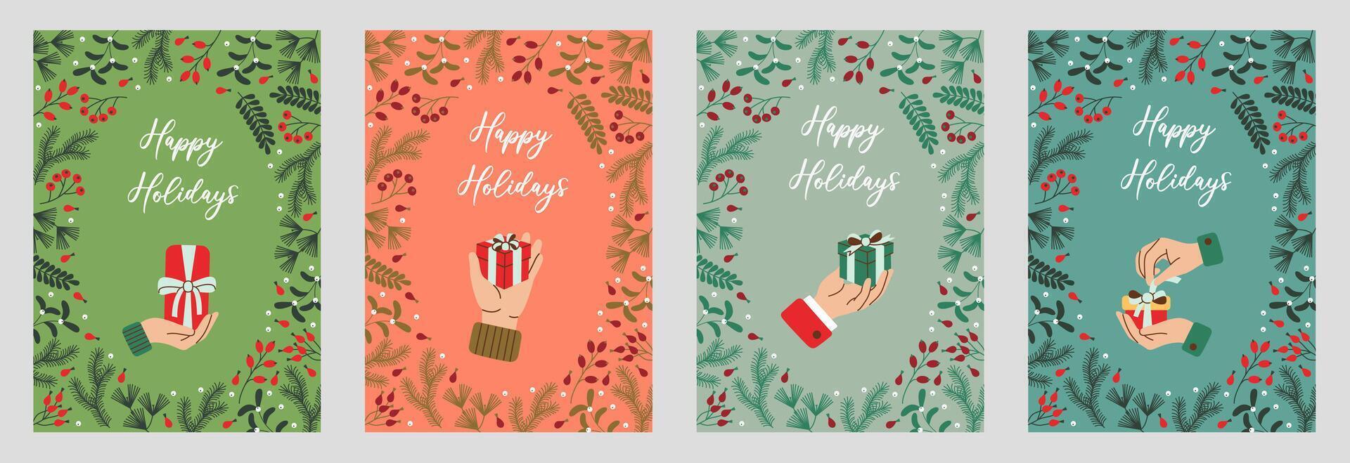 Set of holiday greeting cards featuring hands holding or unwrapping gifts surrounded by decorative Christmas foliage. Flat style design perfect for festive celebrations and winter-themed projects vector