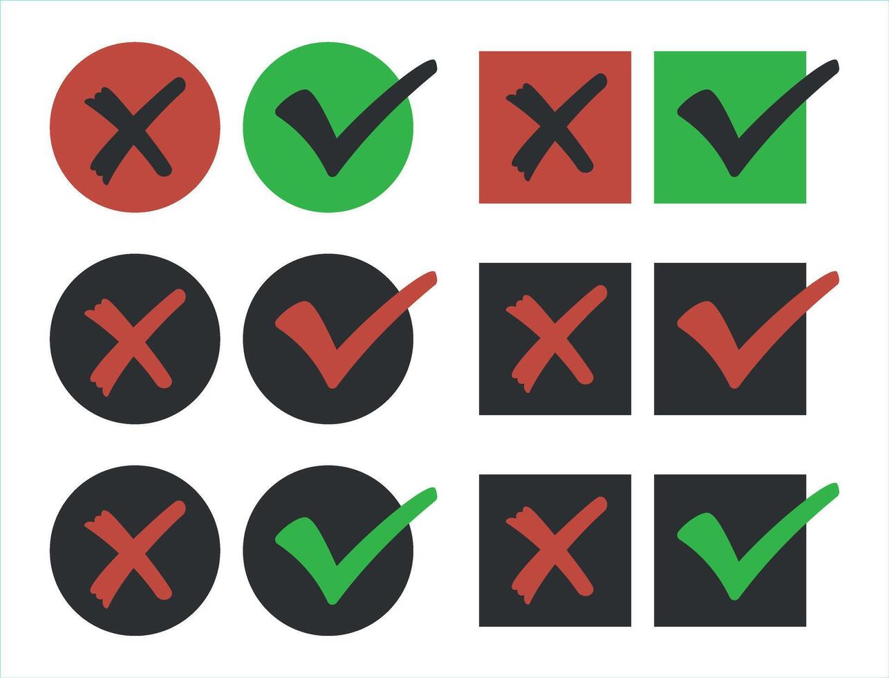 Tick and cross signs. False and true, right and wrong. Correct and incorrect, accept and reject. Green tick OK and red X cross. YES and NO. isolated on white. Digital content vector