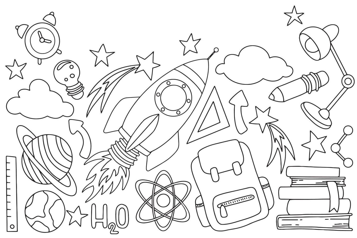 set, back to school. Cute illustrations on the theme of education, school and space in doodle style. Coloring book vector