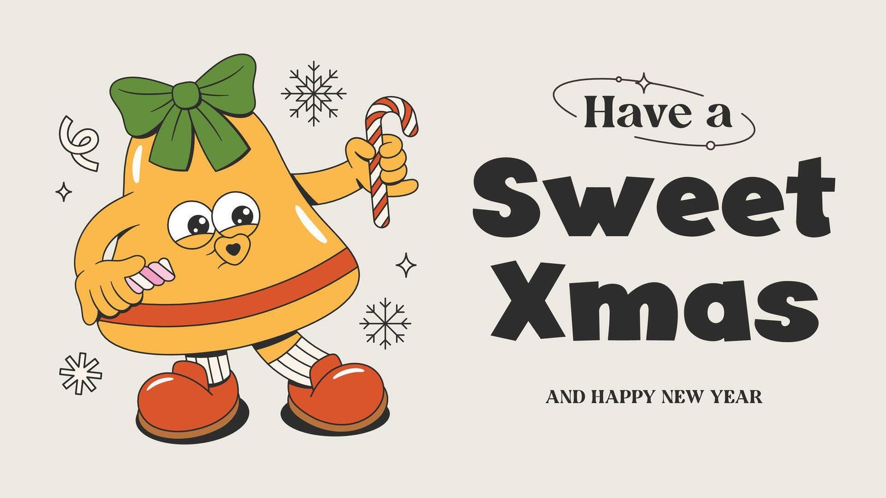 Have a Sweet Xmas and Happy New Year poster include bell with lollipop and candy. retro poster. Christmas mascot banner vector