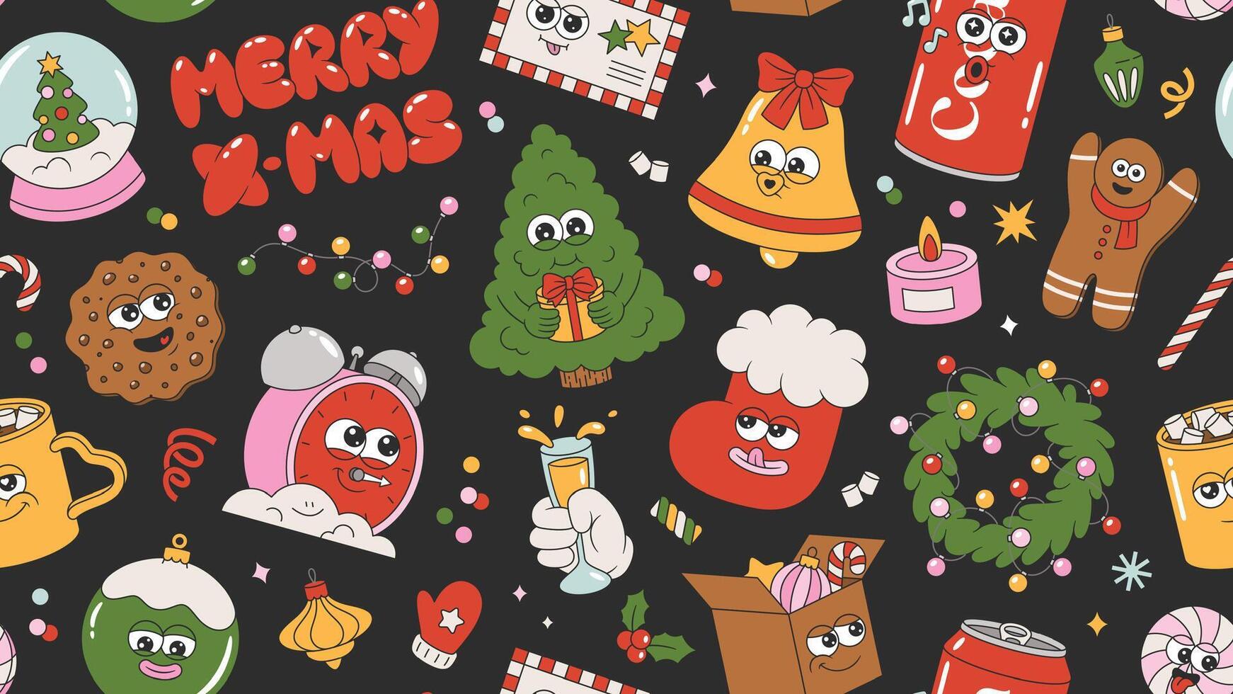 Merry Christmas and Happy New Year seamless pattern. Happy groovy cartoon elements. Pin tree, wreath, garland, gifts, balls, Santa Claus, confetti of trendy retro mascot style vector