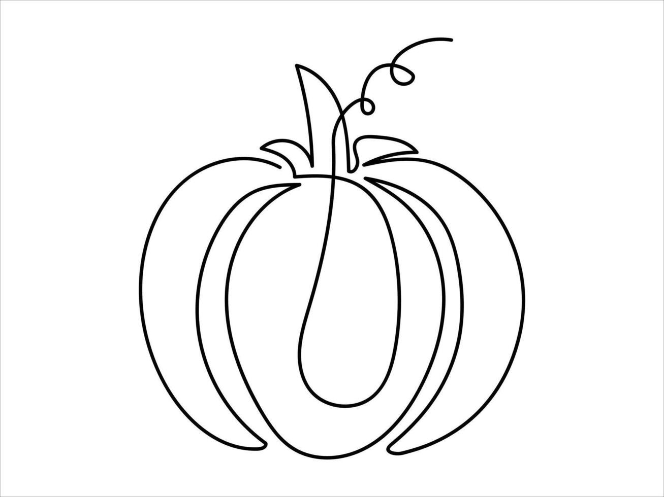 Black Line art of pumpkin drawn with single continuous line isolated on a white background. Concept of minimalism, autumn harvest, Halloween decoration, Thanksgiving, and simple botanical art vector