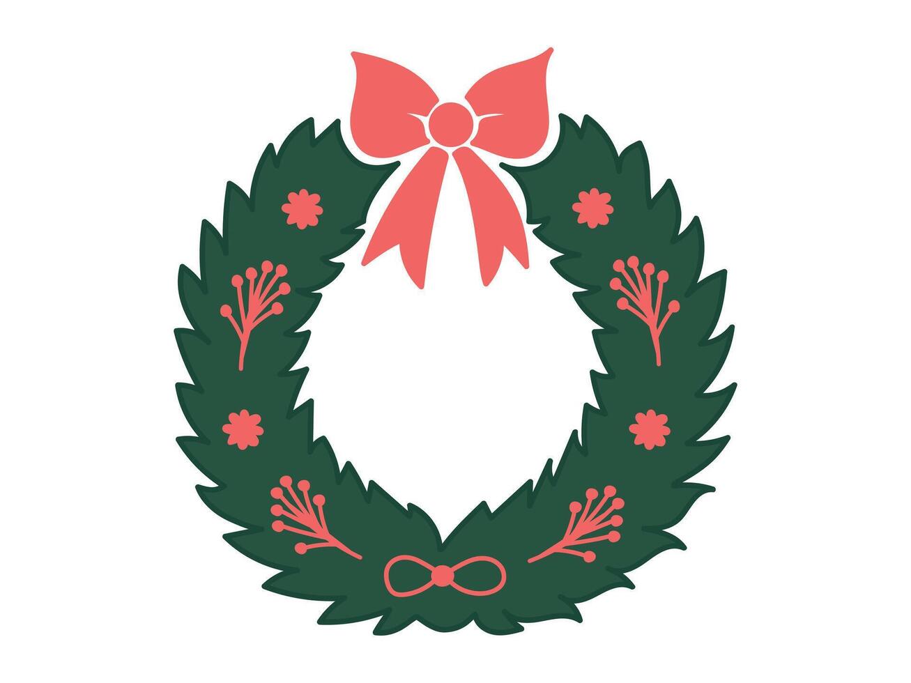 Festive Christmas Wreath Illustration with Red Bow and Floral Accents. Concept of Holiday Decor, Seasonal Celebration, Festive Home Decoration, Christmas Ornament Design Element. Icon vector