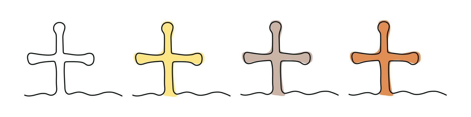 Set of crosses in Continuous one line drawing style isolated on white background. Includes black outline and colored versions. Line Art. Concept of religion, Easter, Christian symbol, spirituality vector