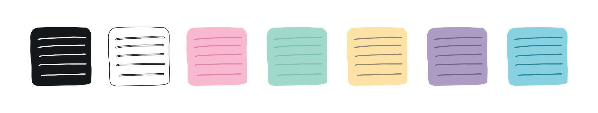Set of minimalist square sticky notes with horizontal lines isolated on white background. Colored, black outline, and silhouette illustrations. Concept of school supplies, note-taking, stationery vector