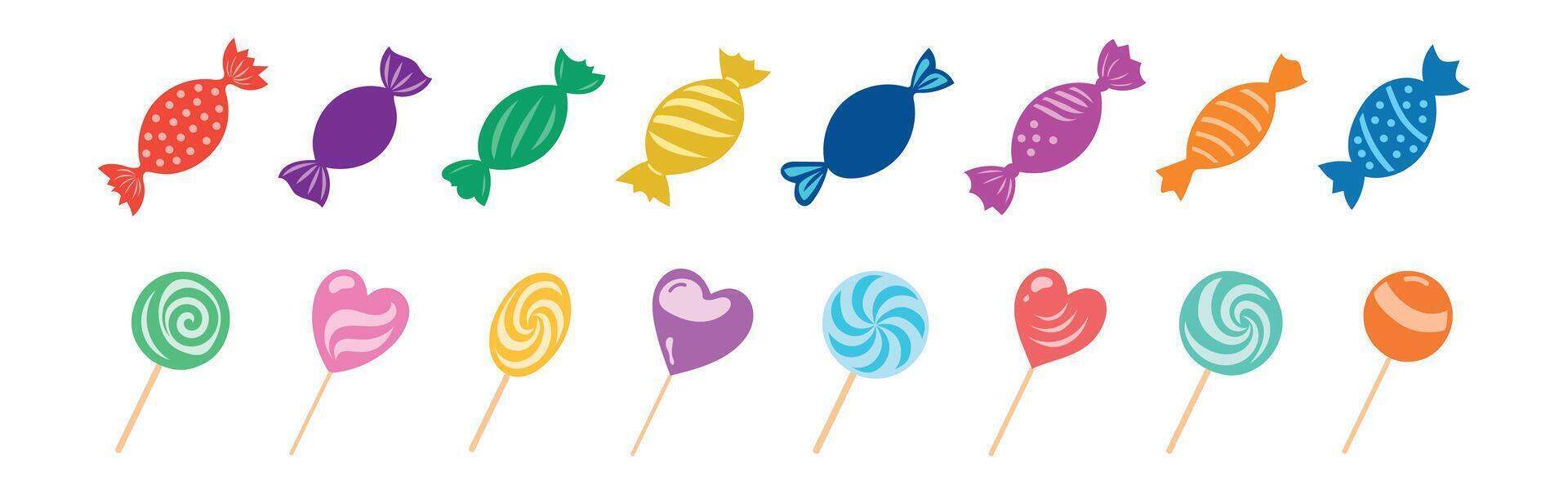 Colorful assortment of wrapped candies and lollipops isolated on white background. Concept of sweet treats, confectionery, candy design, holiday treats. Fun, vibrant, sugar candies for kids and adults vector