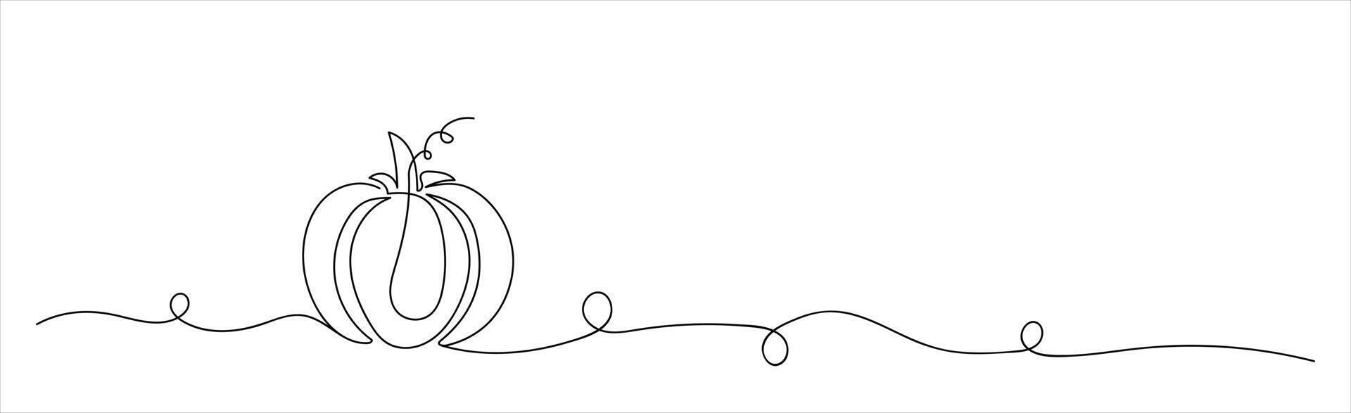 Black Pumpkin in continuous one-line drawing style with extended line and curly elements isolated on white background. Concept of autumn, Halloween, Thanksgiving, Line Art, festive design. Copy space vector