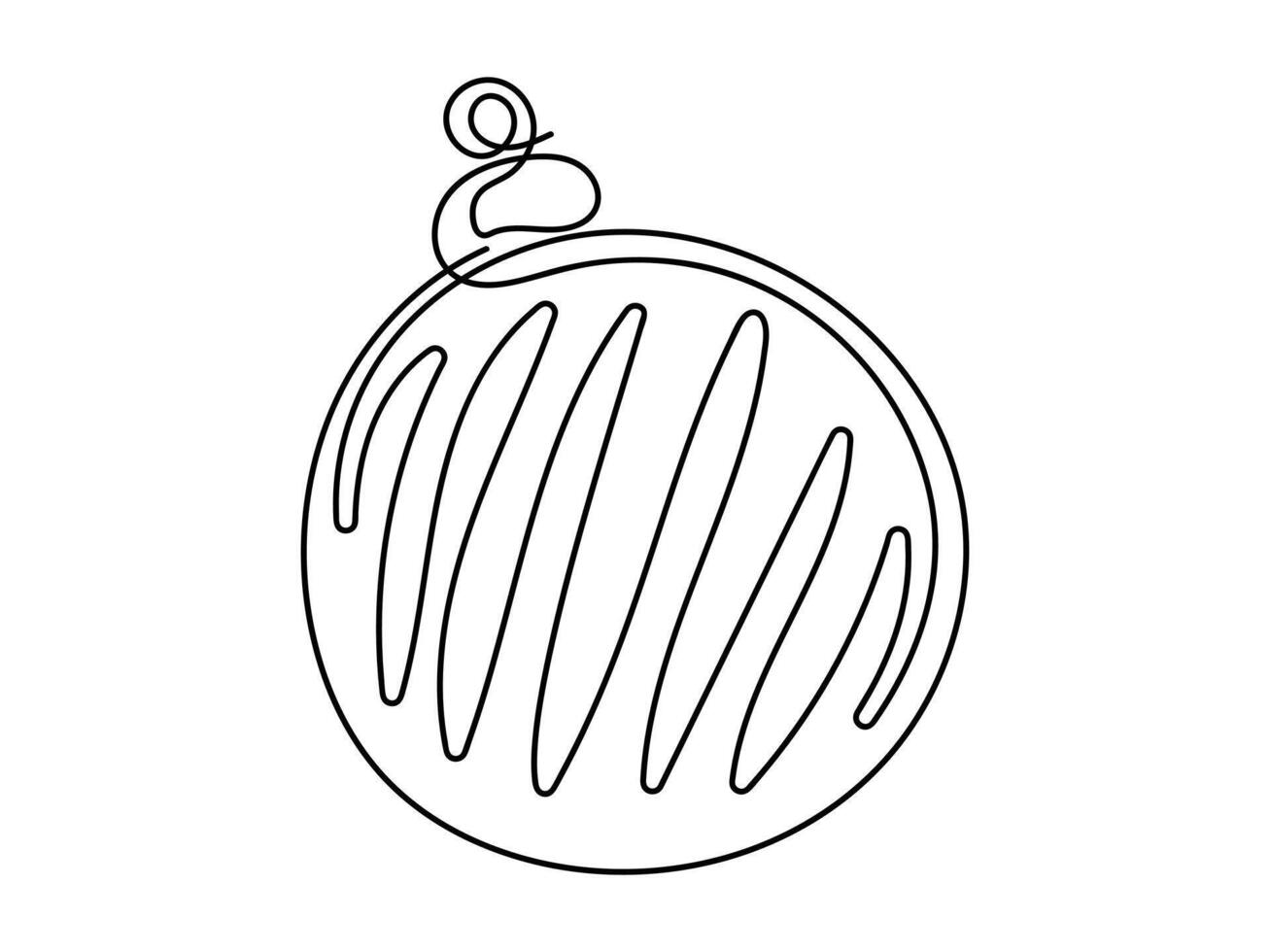 Black Christmas ornament line art illustration of traditional round bauble with simple diagonal patterns isolated on white background. Concept of minimalist holiday decoration, festive decor, design vector