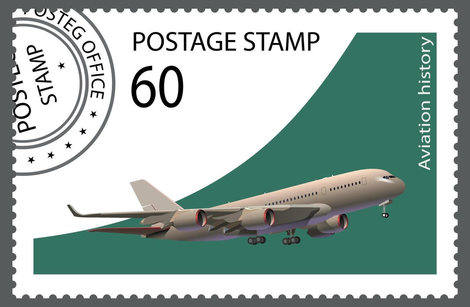 Postage stamp with an airplane taking off. . vector