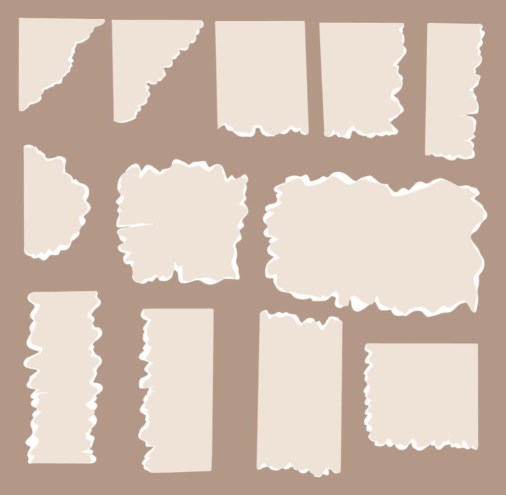Ripped torn paper edges isolated. White paper ripped message backdrop. Torn sheet of paper strip set. Realistic paper scrap with torn edge. Sticky note, shred of notebook pages for various purpose vector