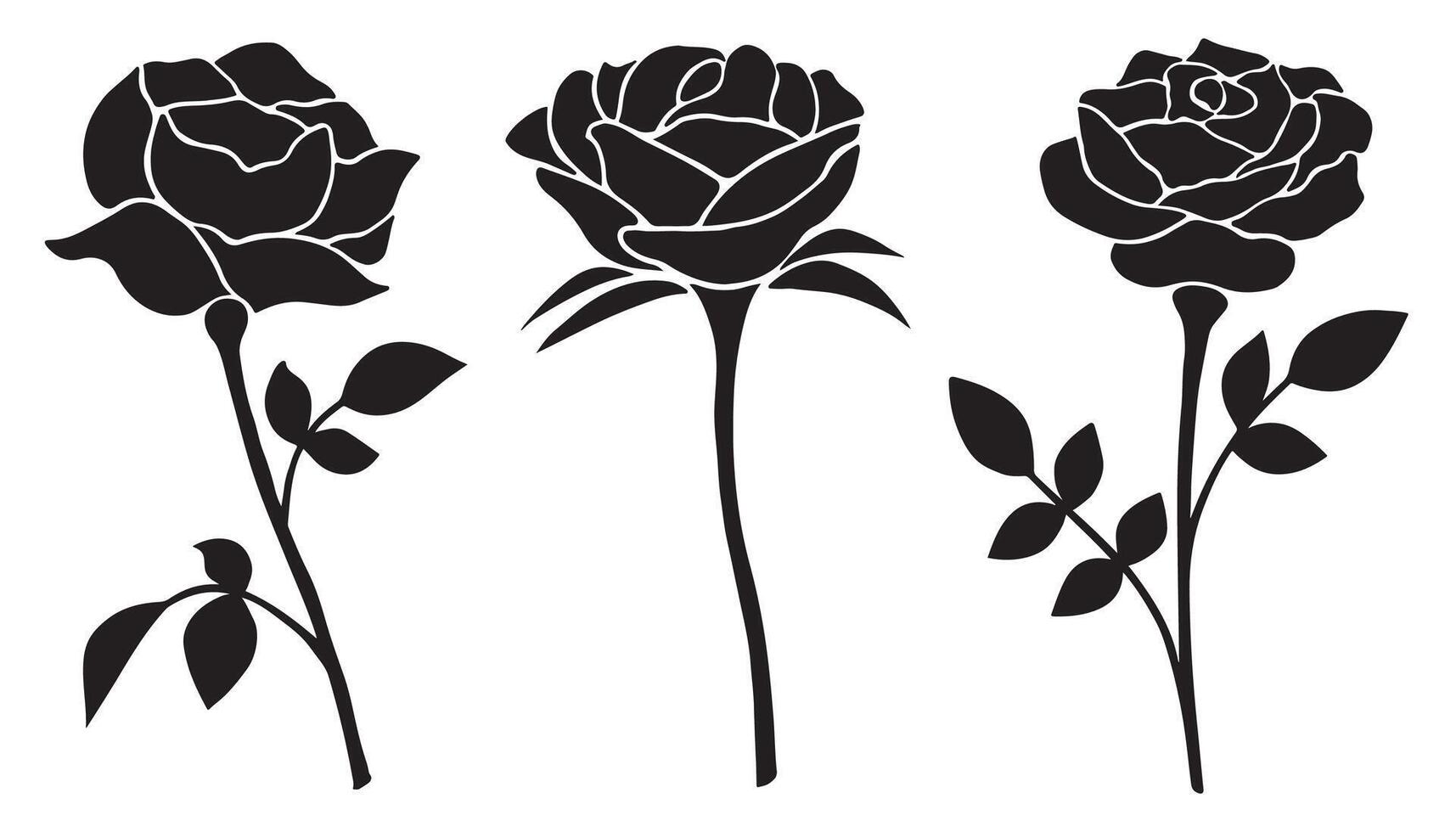 Hand-drawn style decorative rose for wedding invitation design, page decor isolated on white. Flowers icon set. Black rosebud flowers leaves bouquet. Set of three black rose flowers silhouettes vector