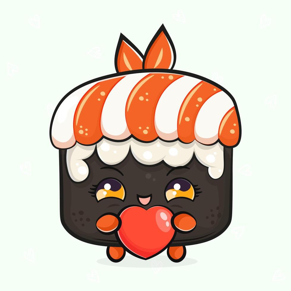 Cute funny Sushi with heart in hand. hand drawn cartoon kawaii character illustration icon. Isolated on light green background. Sushi character concept vector