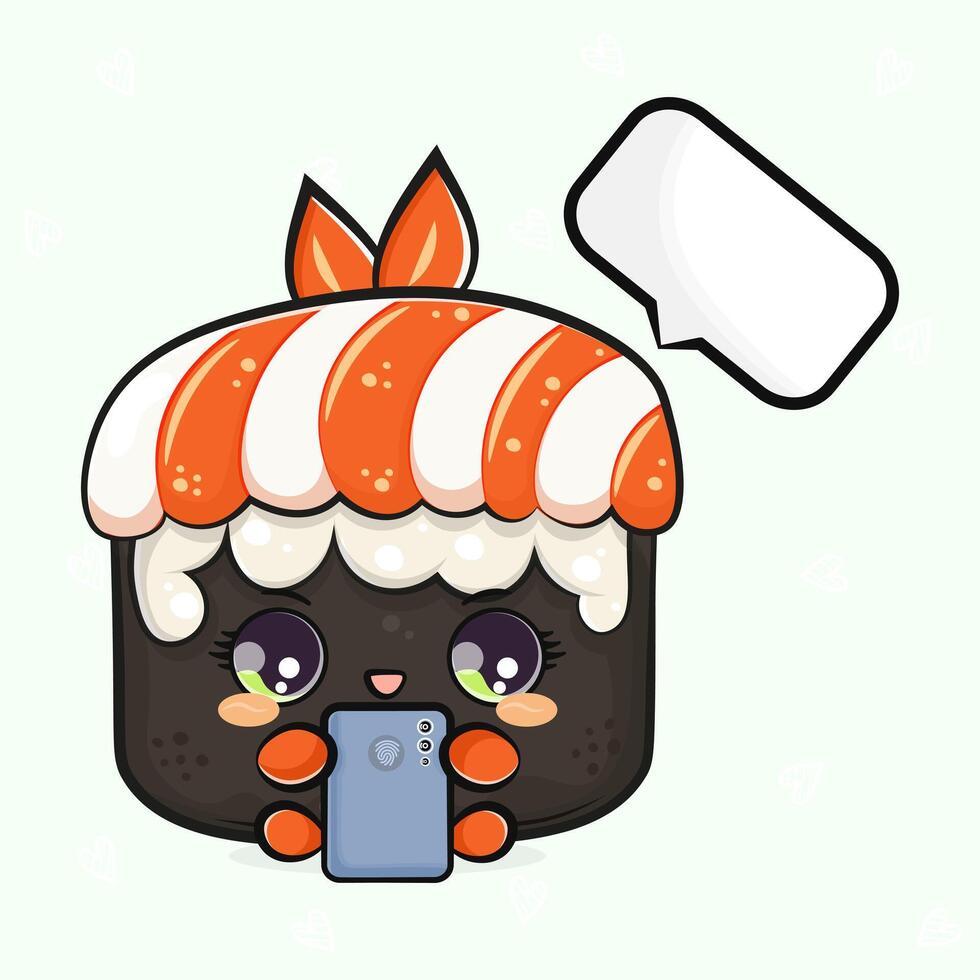 Sushi with a smartphone in hand. hand drawn cartoon kawaii character illustration icon. Isolated on light green background. Sushi character concept vector