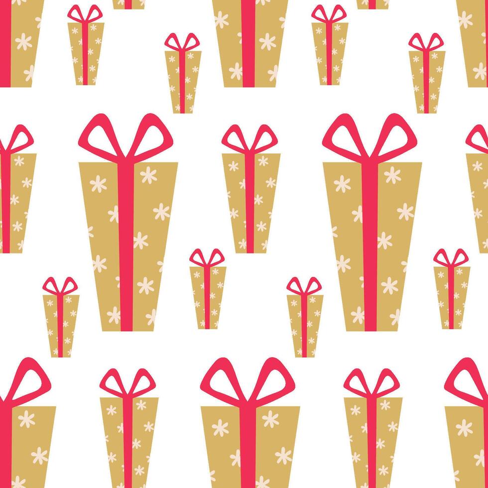 Gift Box Pattern with Red Bows and Floral Motifs on Gold Background vector