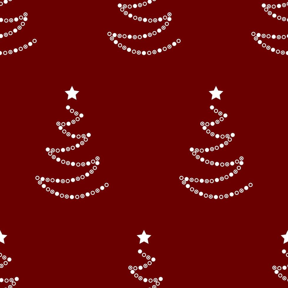 Repeating White Beaded Christmas Trees with Stars on Deep Red Background Pattern vector